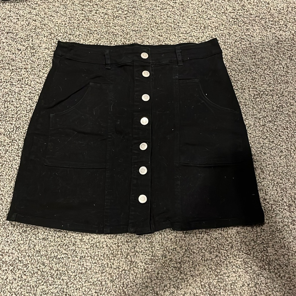 Black denim button front skirt